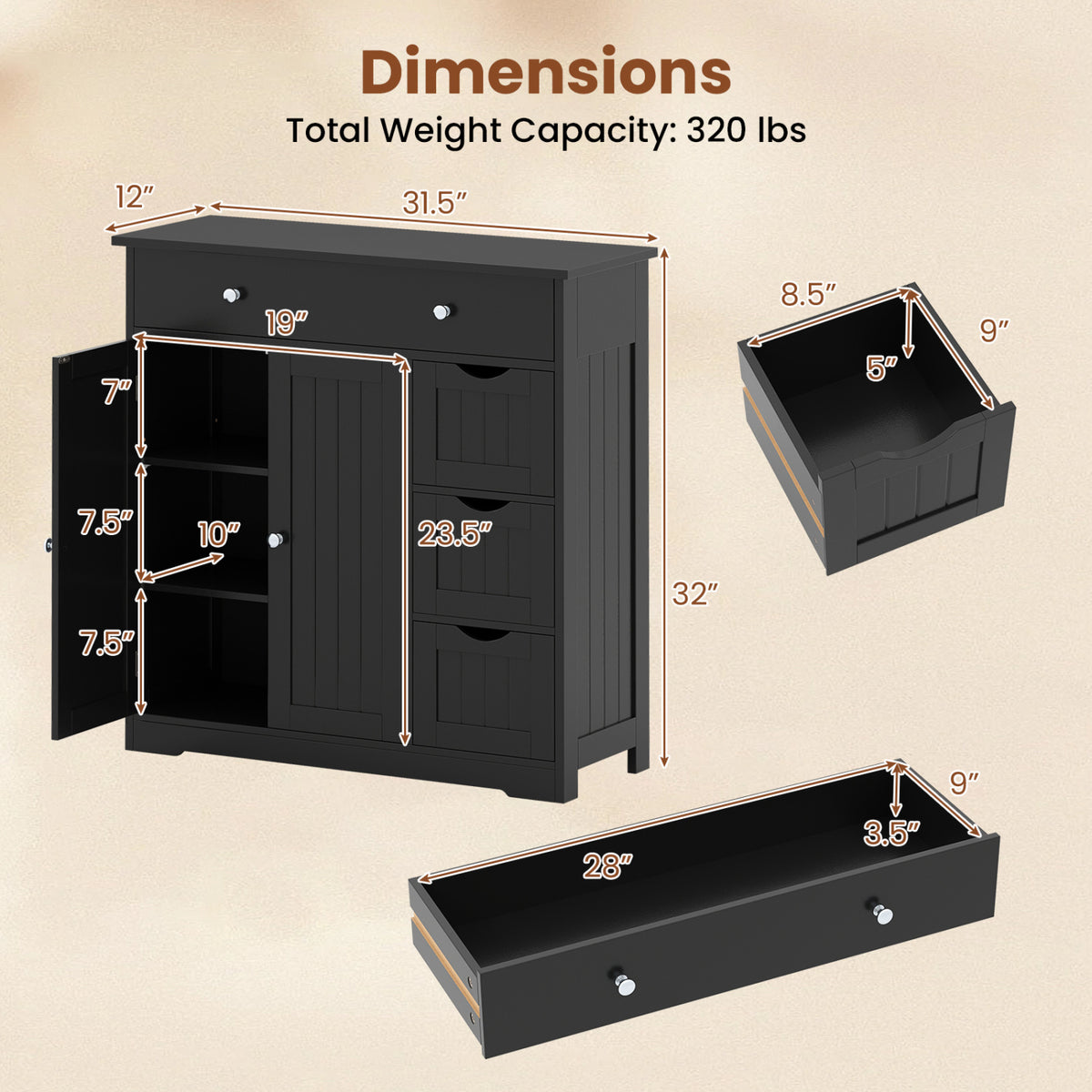 Bathroom Floor Cabinet with 4 Drawers with 2 Doors and Adjustable Shelf