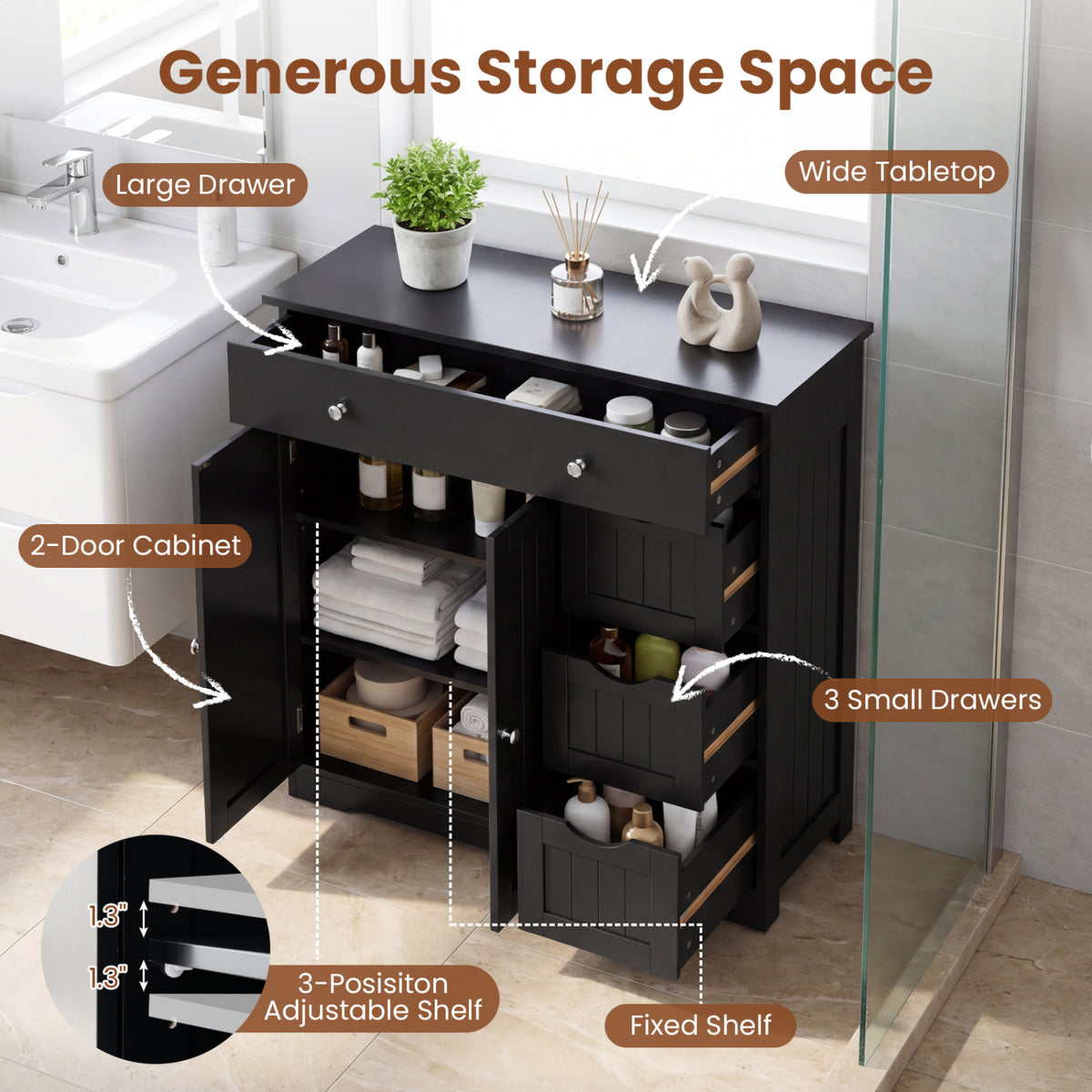 Bathroom Floor Cabinet with 4 Drawers with 2 Doors and Adjustable Shelf