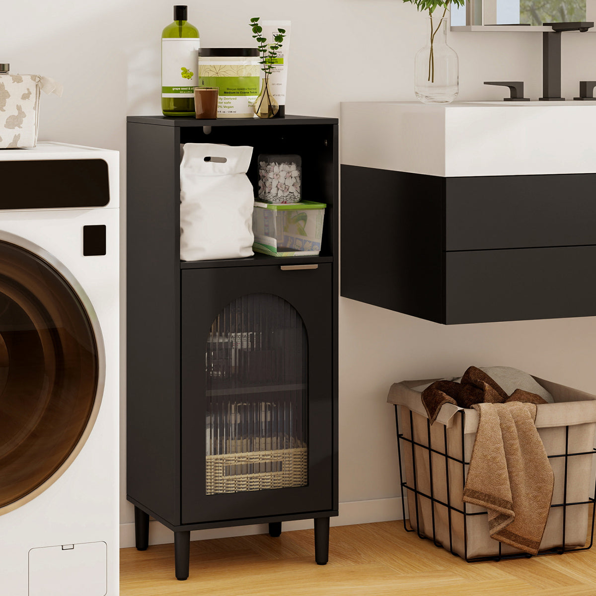 Bathroom Floor Cabinet Wood Side Storage Organizer with Adjustable Shelf