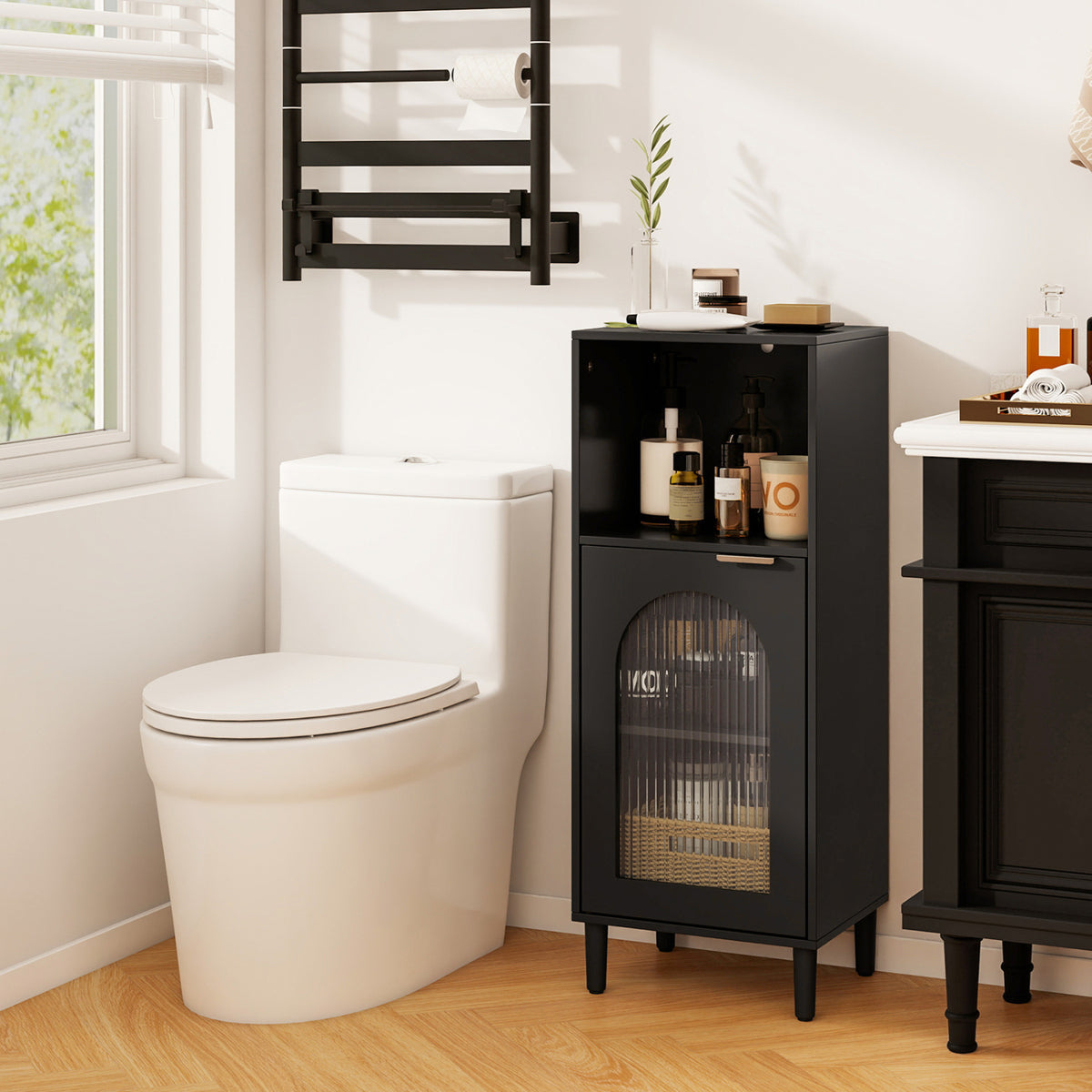 Bathroom Floor Cabinet Wood Side Storage Organizer with Adjustable Shelf