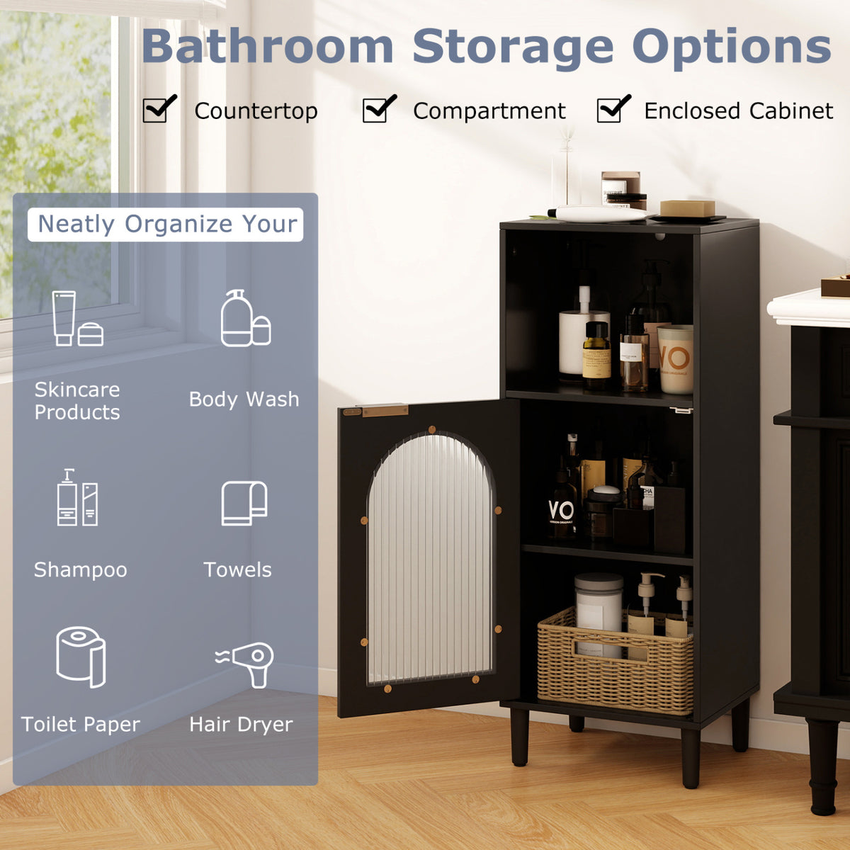 Bathroom Floor Cabinet Wood Side Storage Organizer with Adjustable Shelf