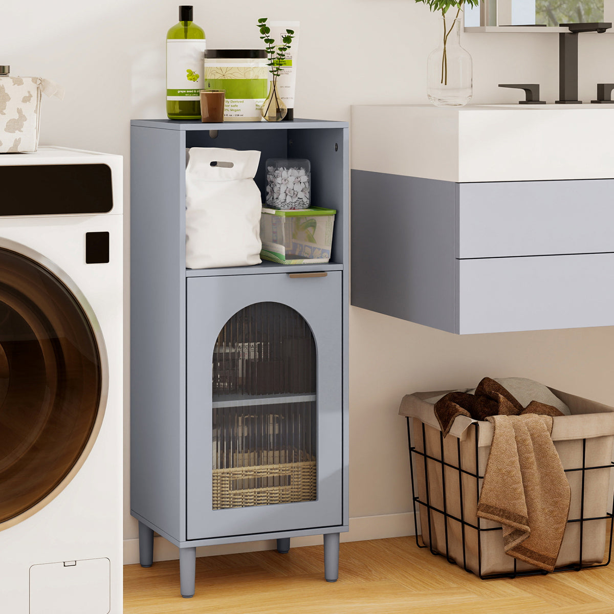 Bathroom Floor Cabinet Wood Side Storage Organizer with Adjustable Shelf