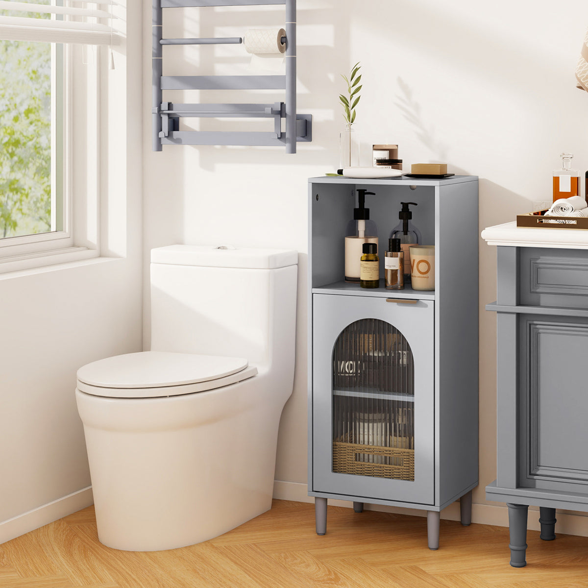 Bathroom Floor Cabinet Wood Side Storage Organizer with Adjustable Shelf