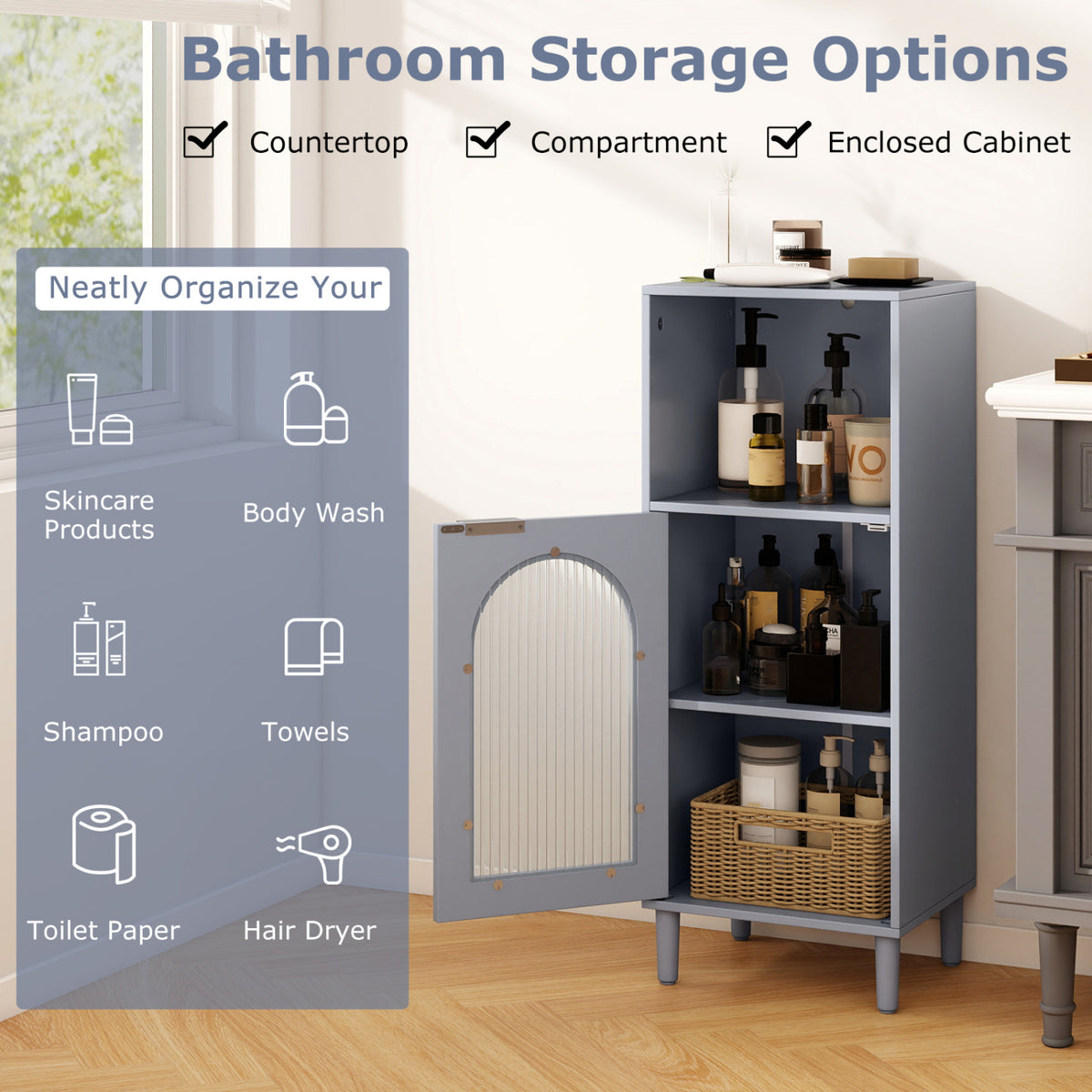Bathroom Floor Cabinet Wood Side Storage Organizer with Adjustable Shelf