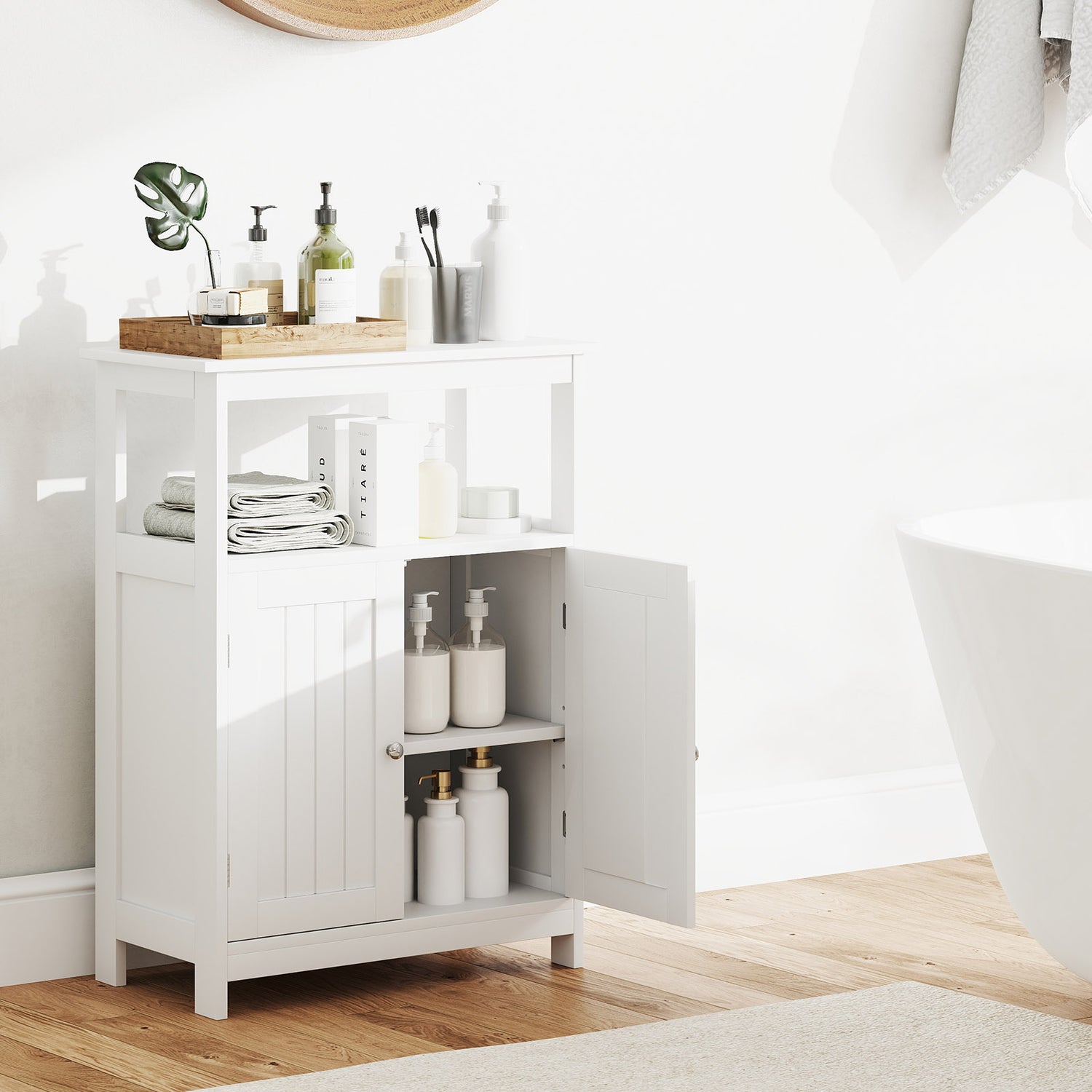 Bathroom Floor Cabinet Freestanding Storage Organizer with Open Compartment
