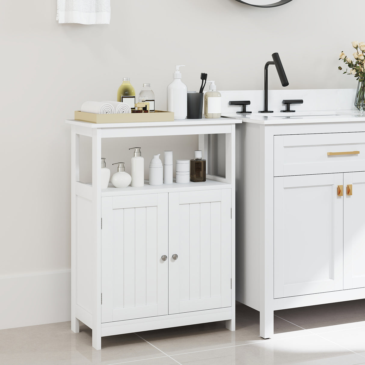 Bathroom Floor Cabinet Freestanding Storage Organizer with Open Compartment