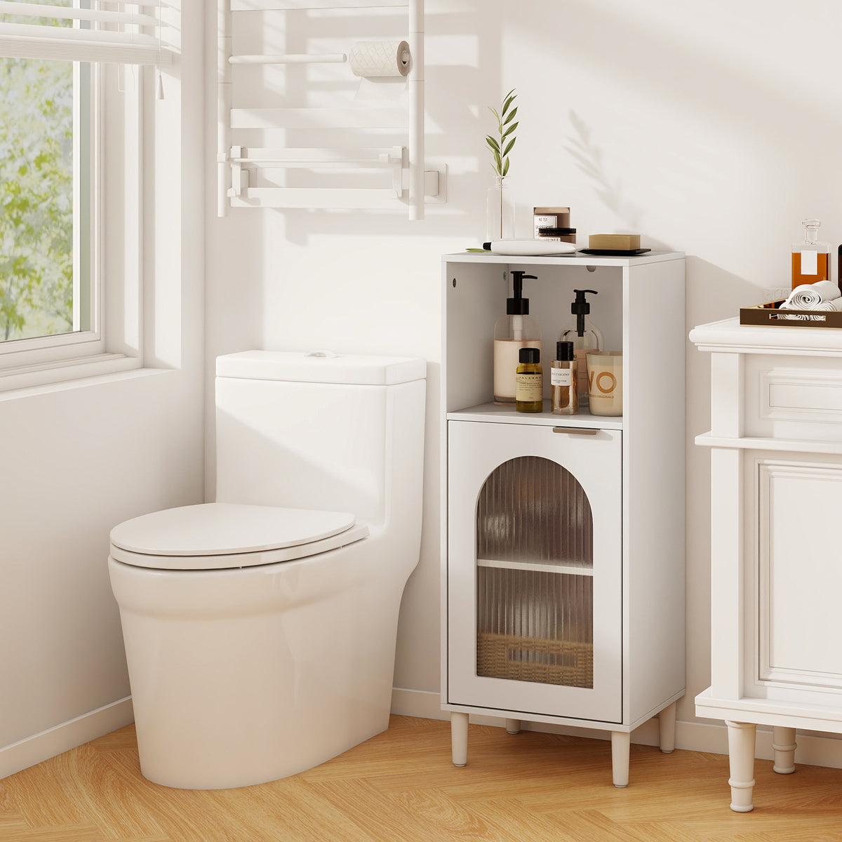 Bathroom Floor Cabinet Wood Side Storage Organizer with Adjustable Shelf