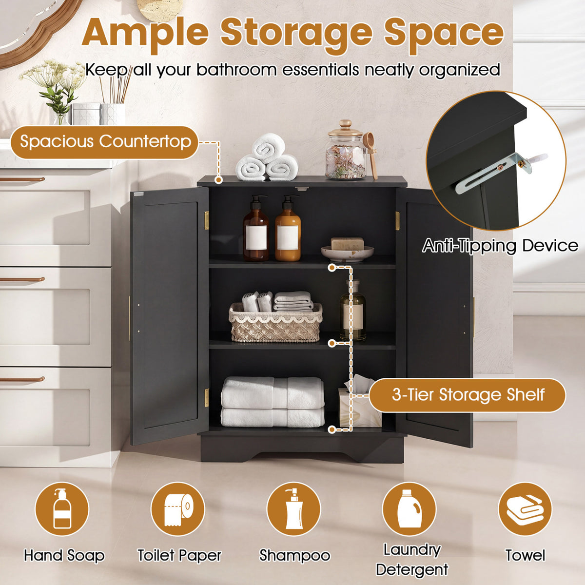 Bathroom Floor Storage Cabinet with 2 Doors and Adjustable Shelves