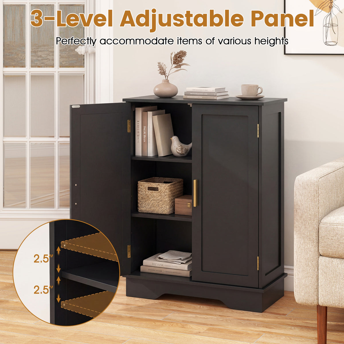 Bathroom Floor Storage Cabinet with 2 Doors and Adjustable Shelves