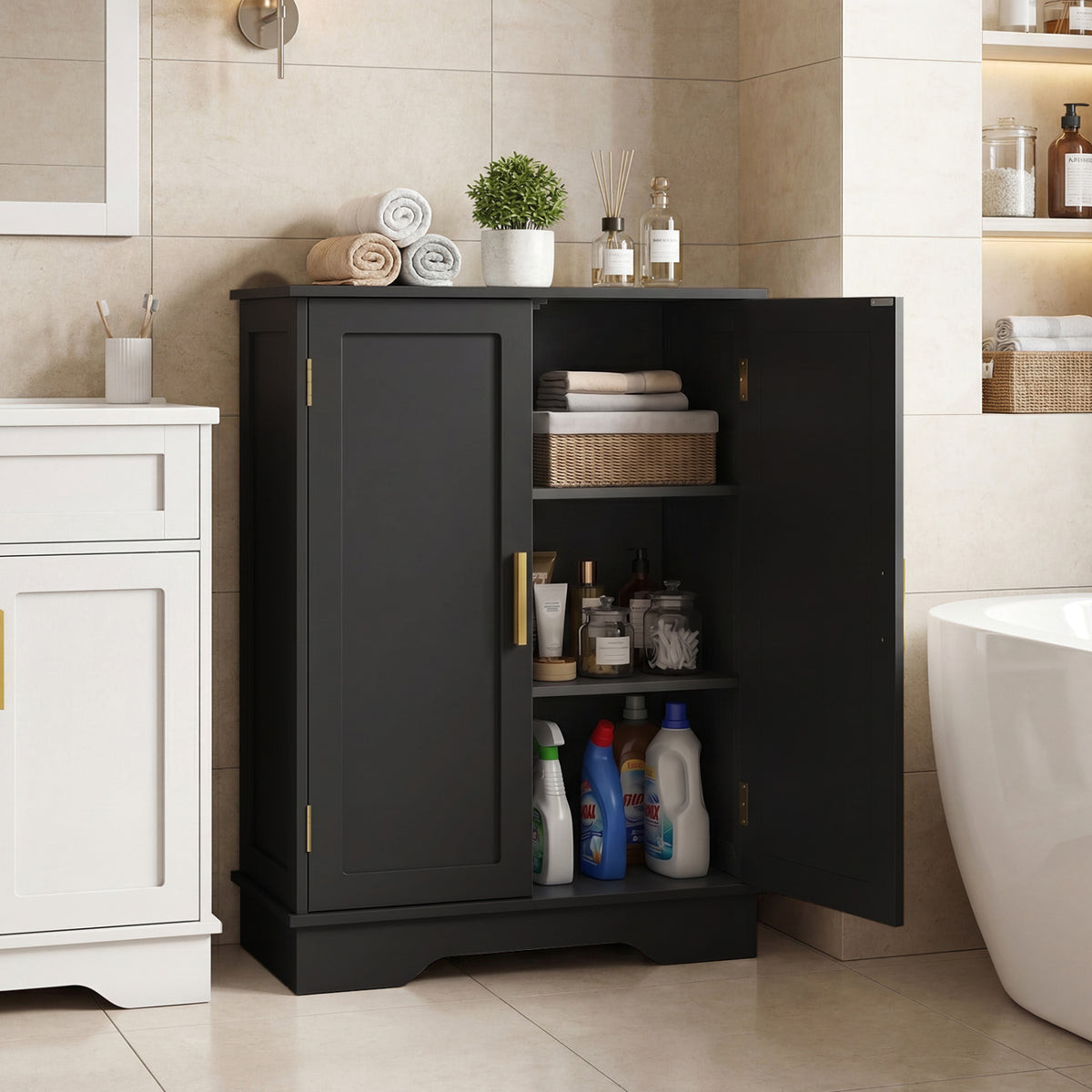Bathroom Floor Storage Cabinet with 2 Doors and Adjustable Shelves
