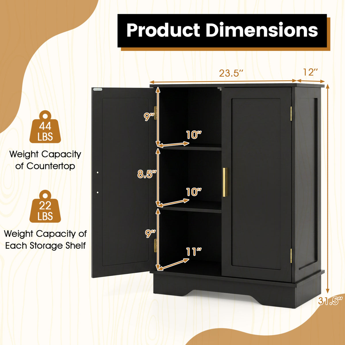 Bathroom Floor Storage Cabinet with 2 Doors and Adjustable Shelves