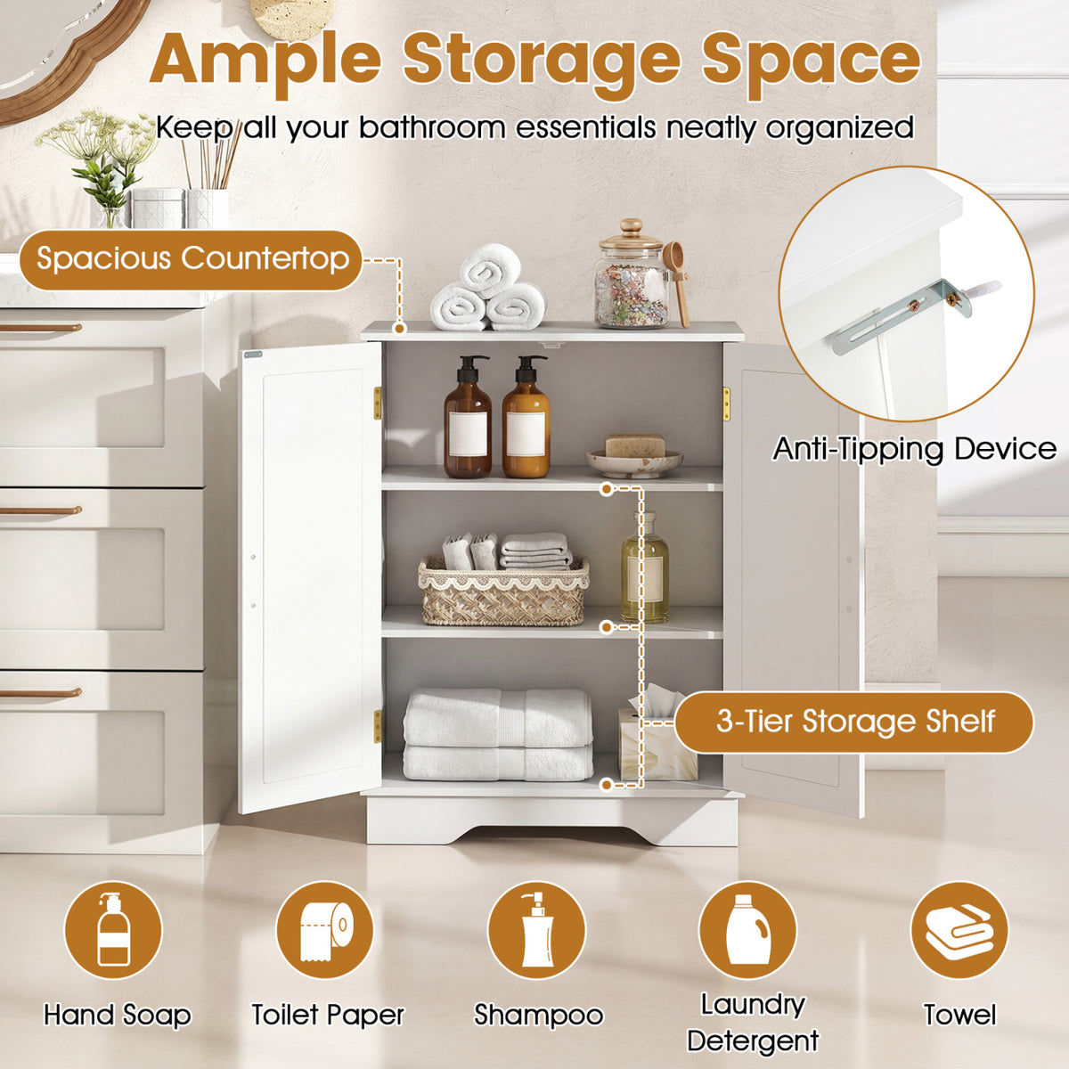 Bathroom Floor Storage Cabinet with 2 Doors and Adjustable Shelves