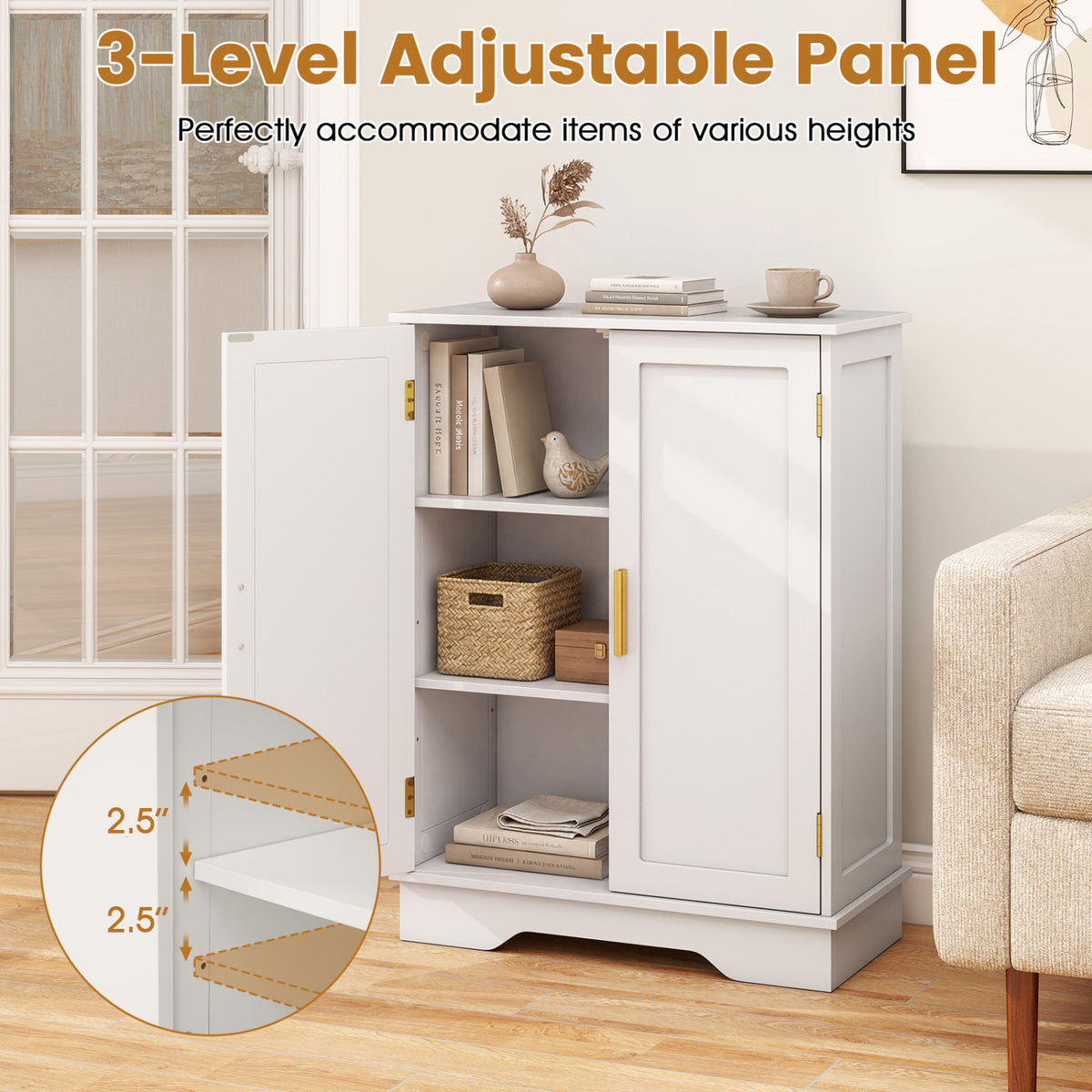 Bathroom Floor Storage Cabinet with 2 Doors and Adjustable Shelves