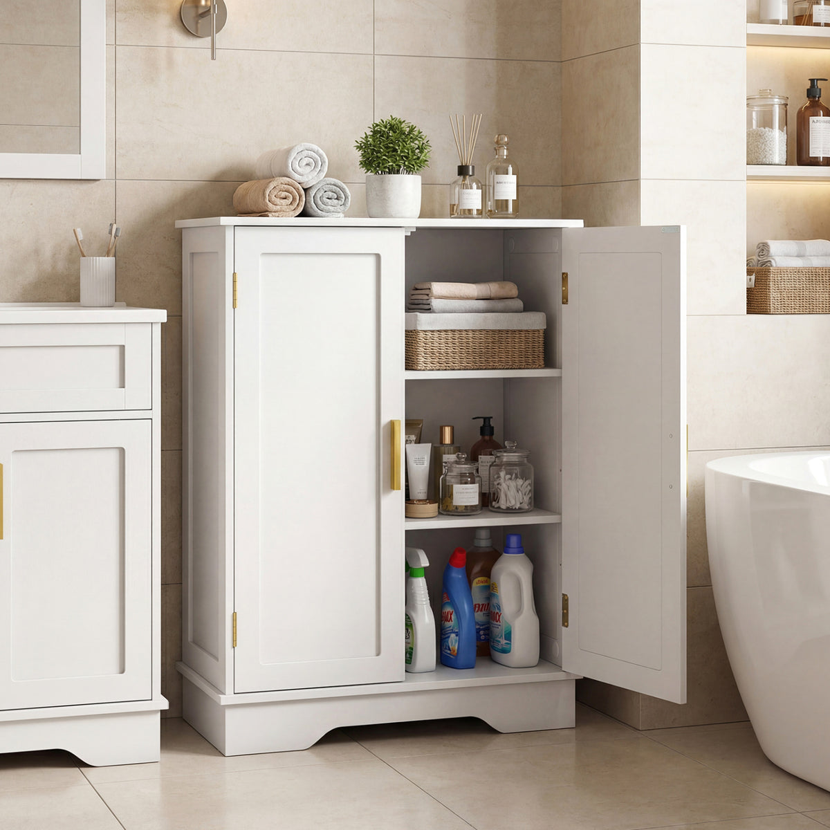 Bathroom Floor Storage Cabinet with 2 Doors and Adjustable Shelves