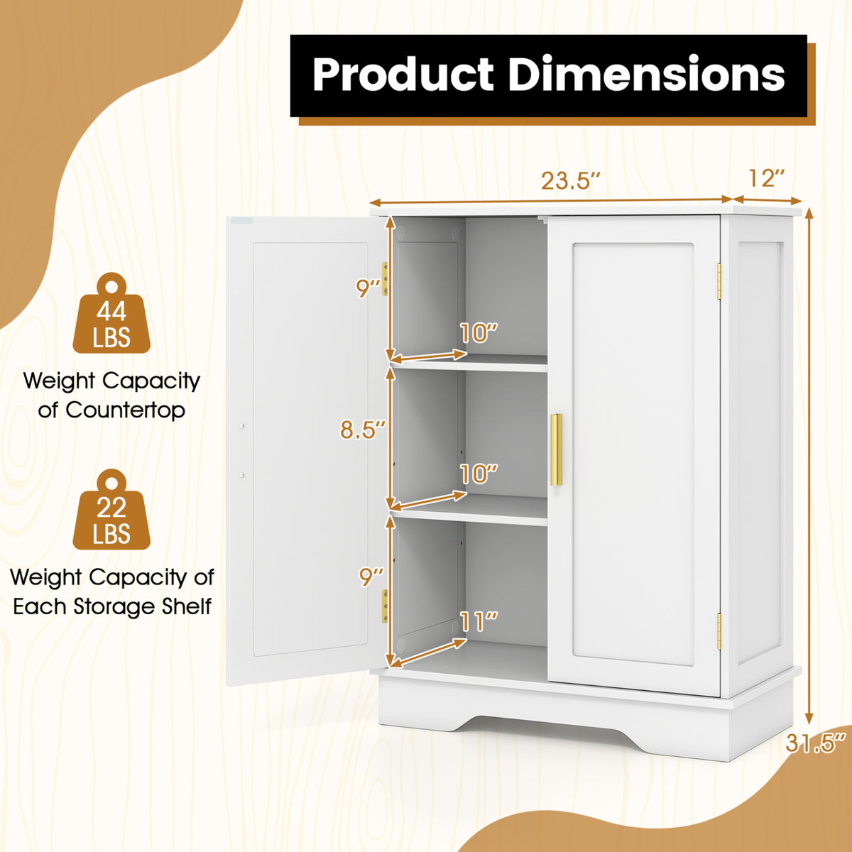 Bathroom Floor Storage Cabinet with 2 Doors and Adjustable Shelves