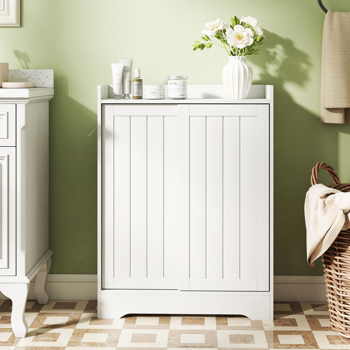 Bathroom Storage Cabinet Slim Floor Cabinet with Toilet Paper Holders-White