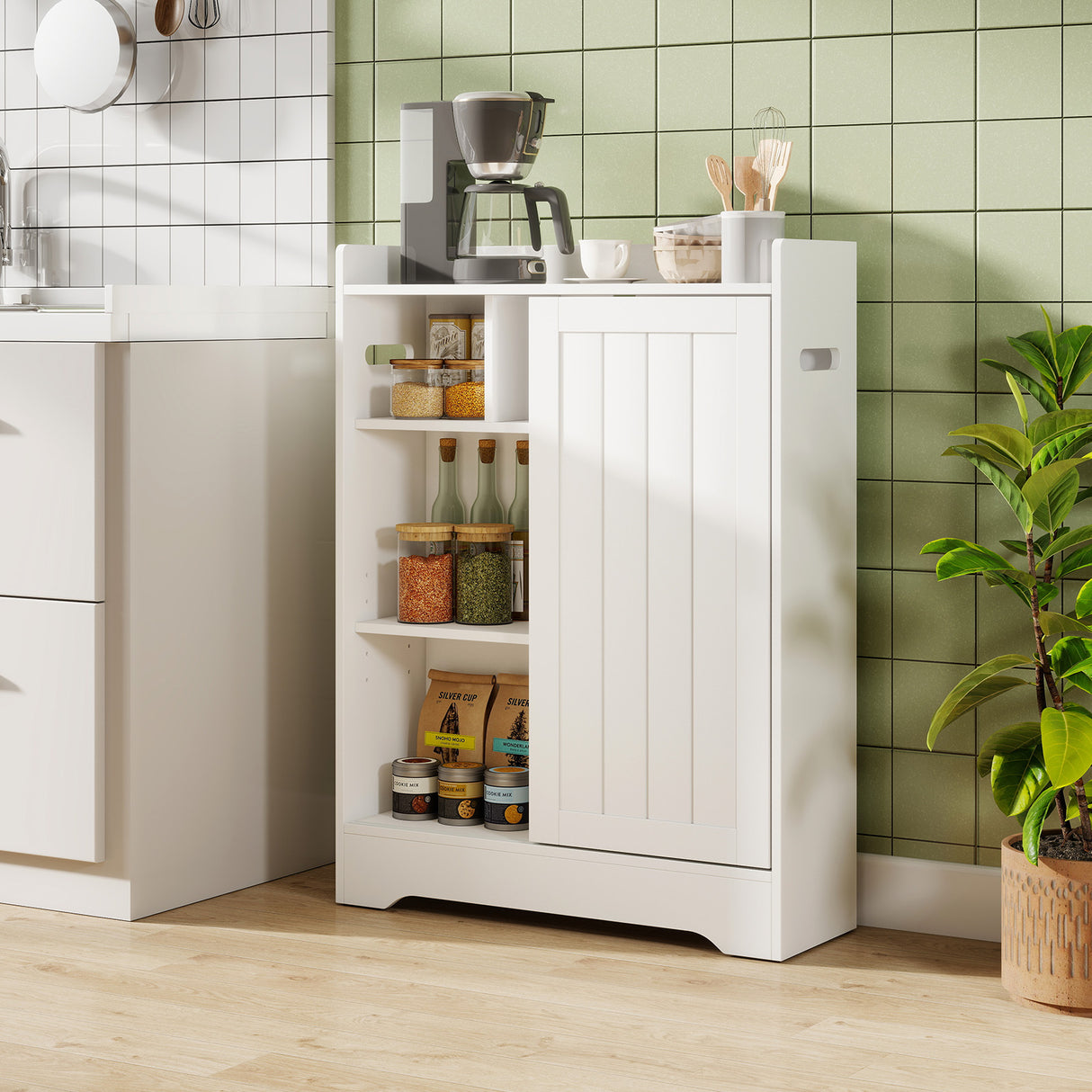 Bathroom Storage Cabinet Slim Floor Cabinet with Toilet Paper Holders-White