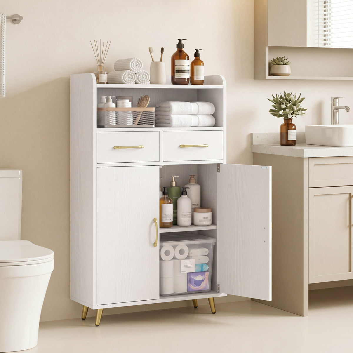 Bathroom Storage Cabinet Freestanding Floor Cabinet with 2 Drawers and 2 Doors