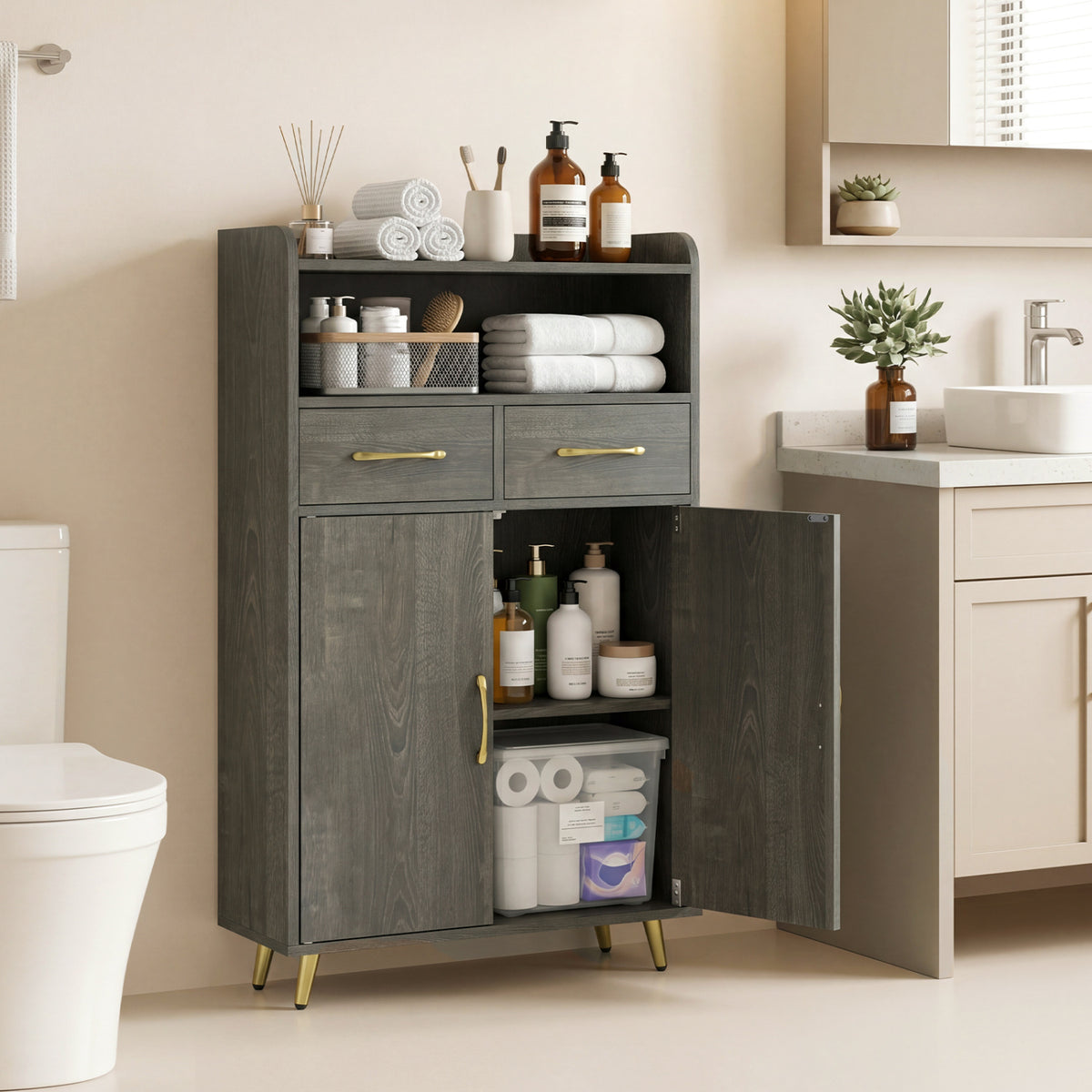 Bathroom Storage Cabinet Freestanding Floor Cabinet with 2 Drawers and 2 Doors
