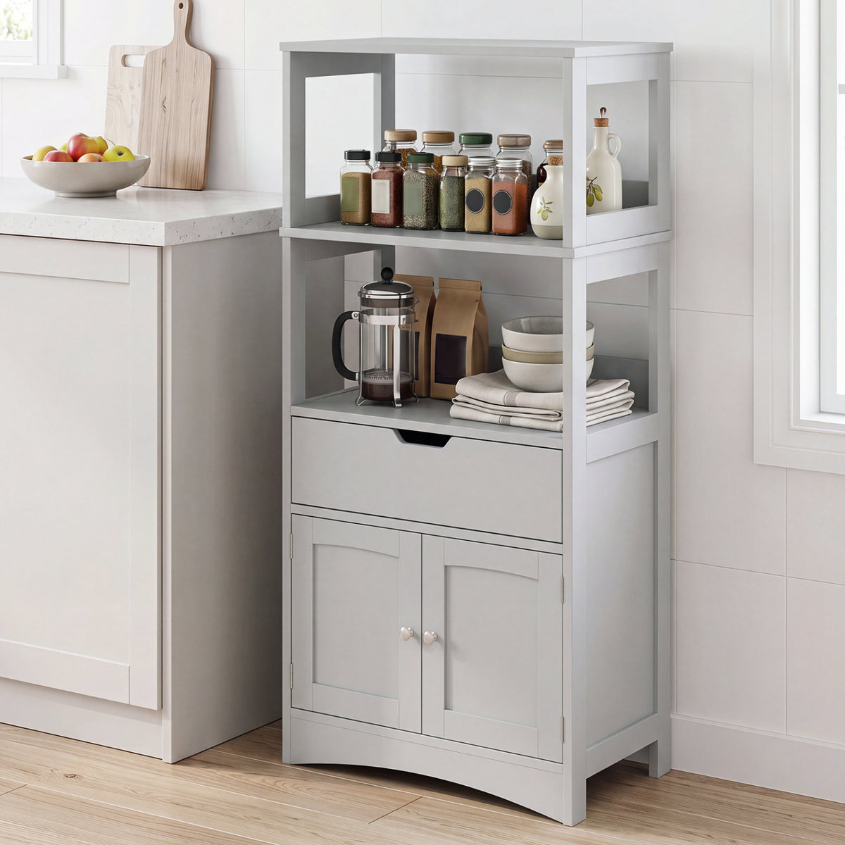 Bathroom Storage Cabinet with Open Shelves and Drawer