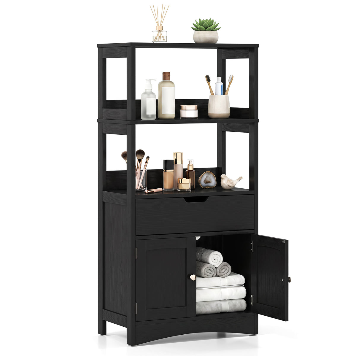 Bathroom Storage Cabinet with Open Shelves and Drawer