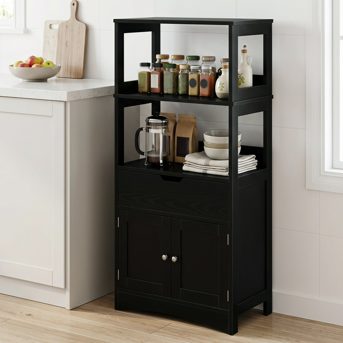 Bathroom Storage Cabinet with Open Shelves and Drawer
