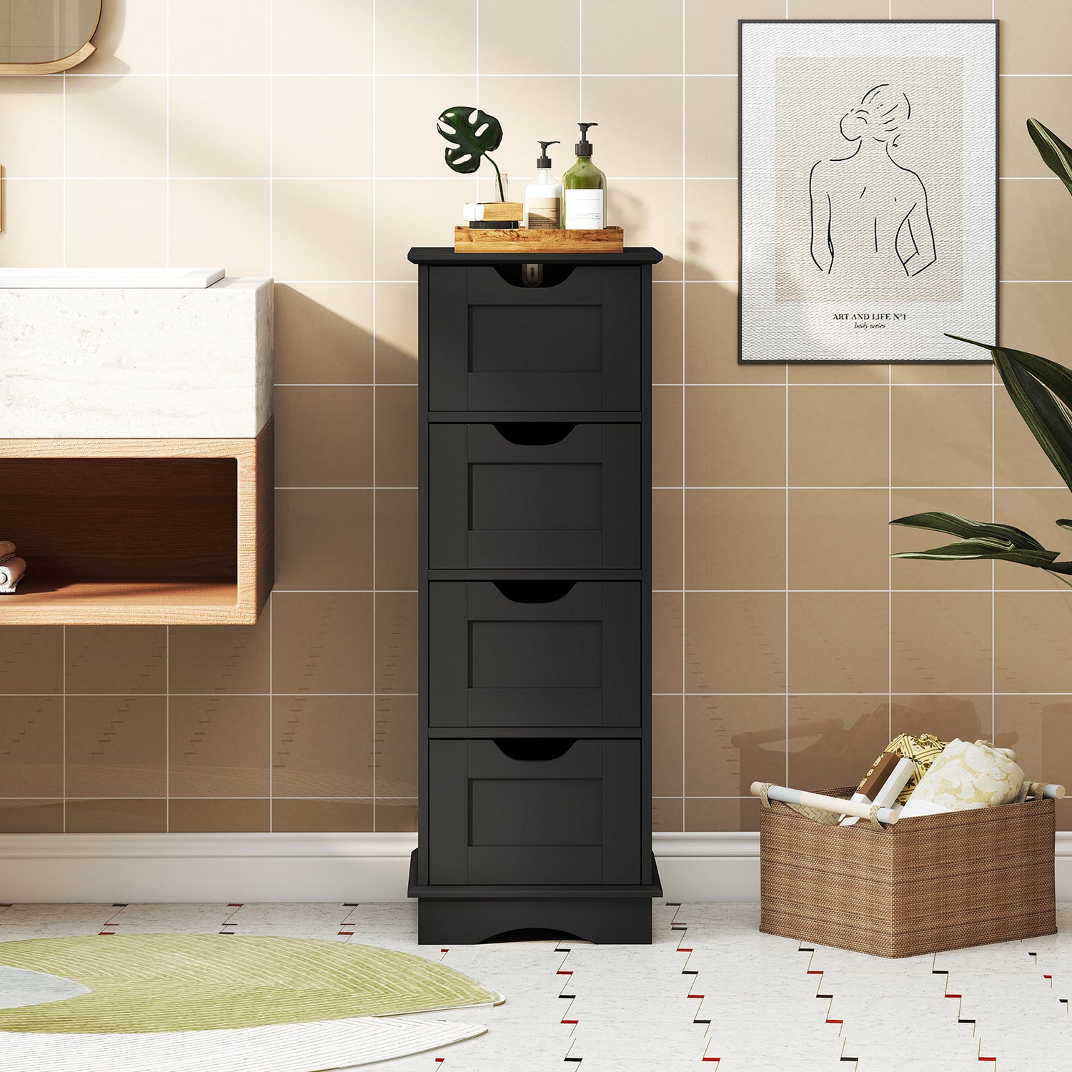 Bathroom Storage Cabinet with Cutout Handles and 4 Drawers