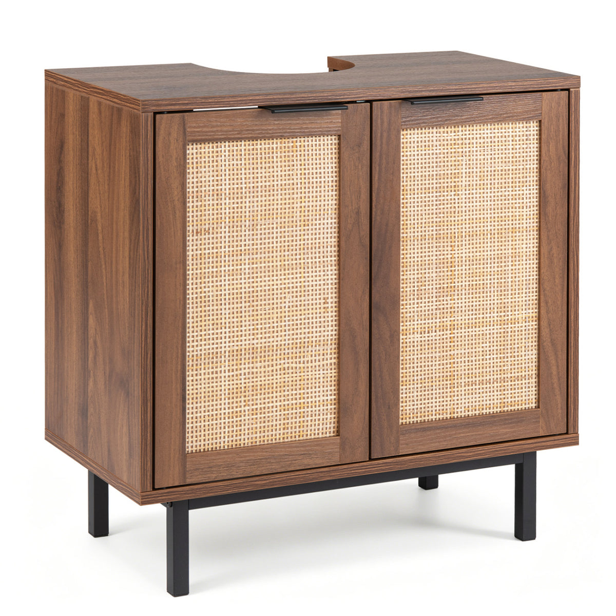 Bathroom Vanity Cabinet with U-Shaped Cut-Out 2 Rattan Doors and Shelf