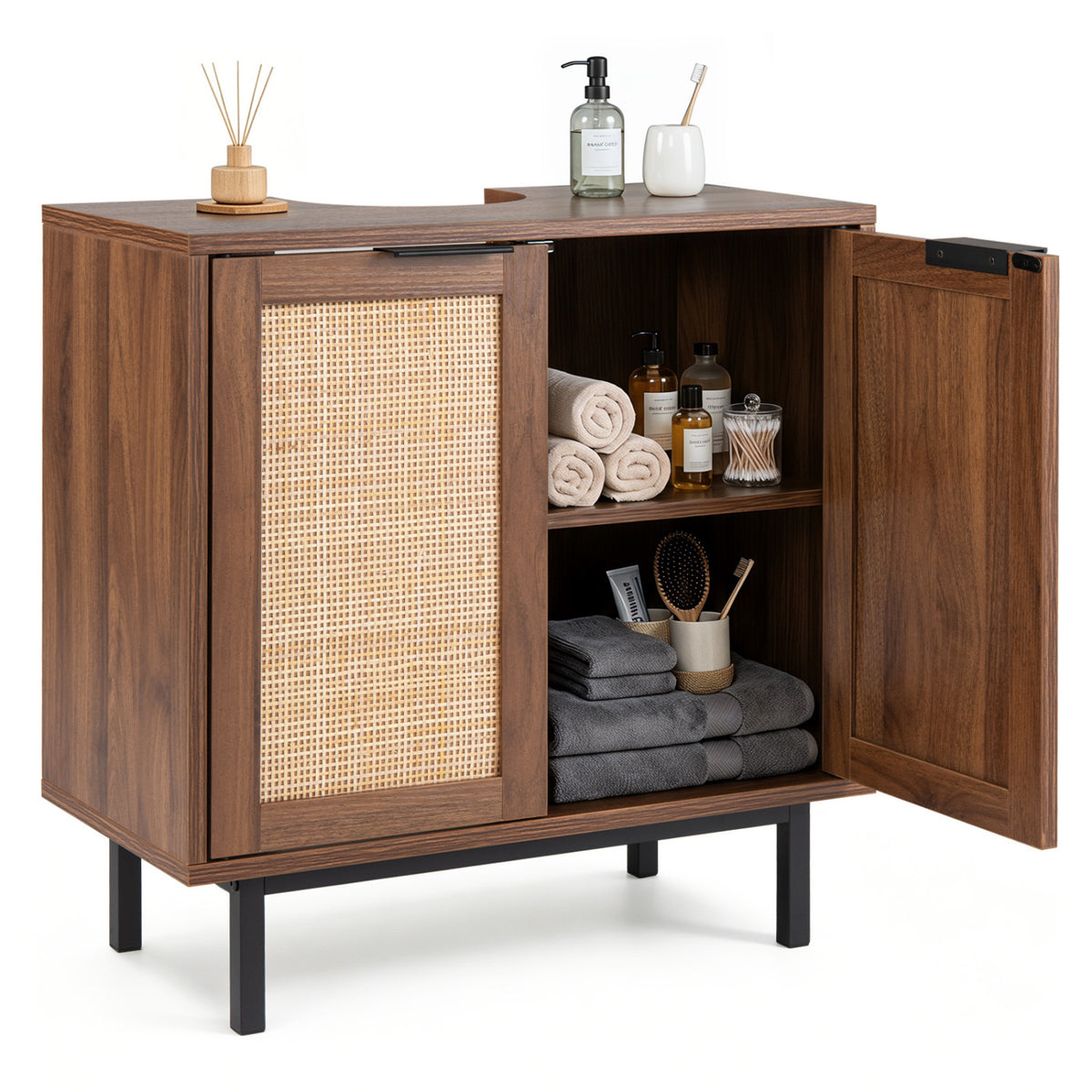 Bathroom Vanity Cabinet with U-Shaped Cut-Out 2 Rattan Doors and Shelf