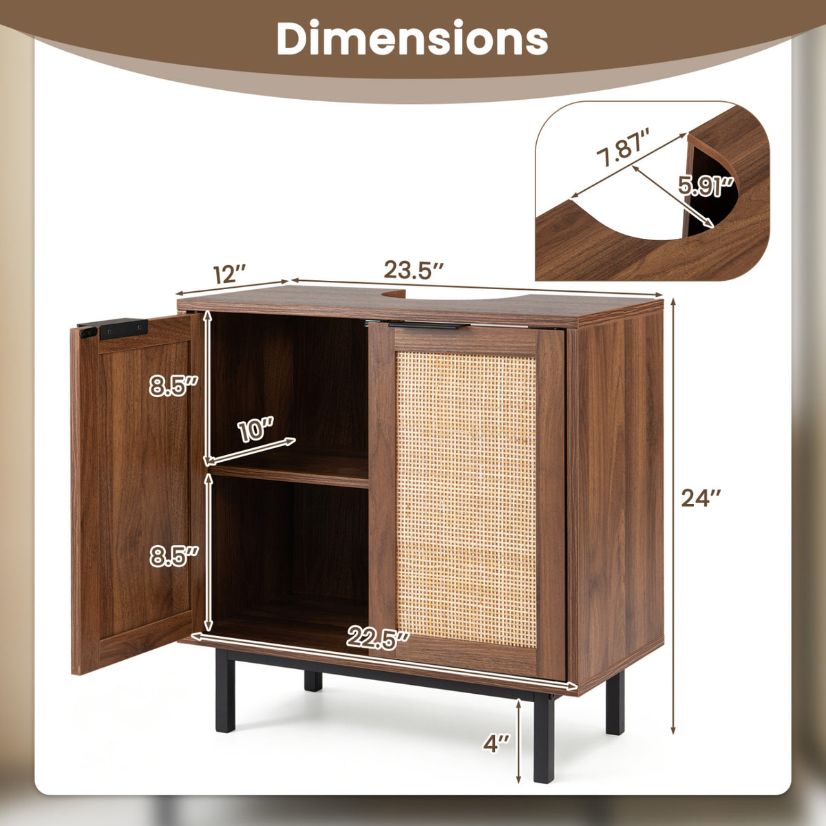 Bathroom Vanity Cabinet with U-Shaped Cut-Out 2 Rattan Doors and Shelf