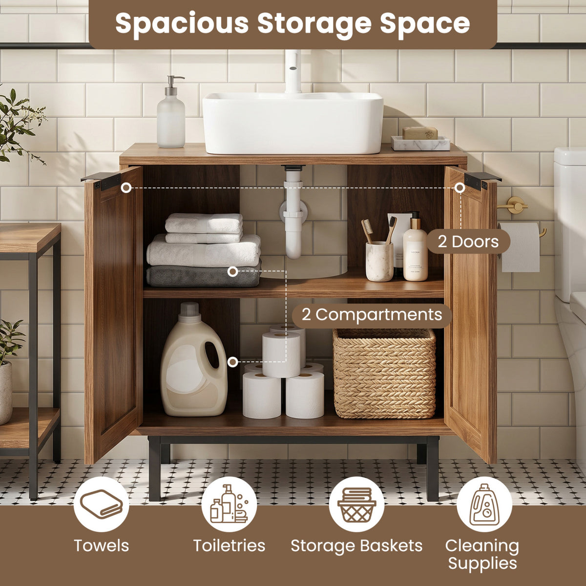 Bathroom Vanity Cabinet with U-Shaped Cut-Out 2 Rattan Doors and Shelf