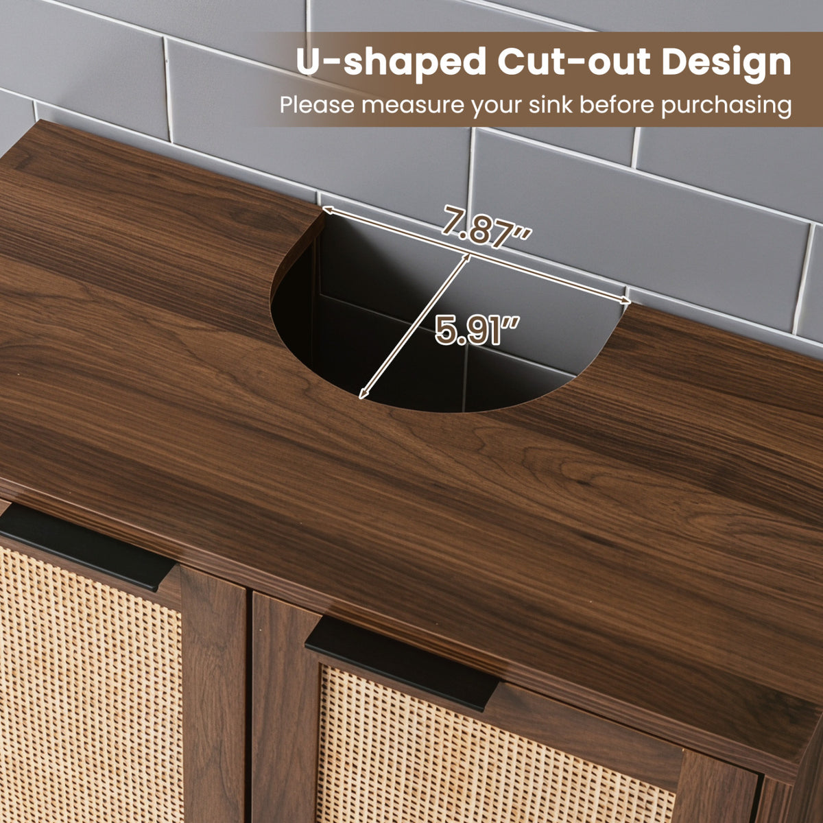 Bathroom Vanity Cabinet with U-Shaped Cut-Out 2 Rattan Doors and Shelf
