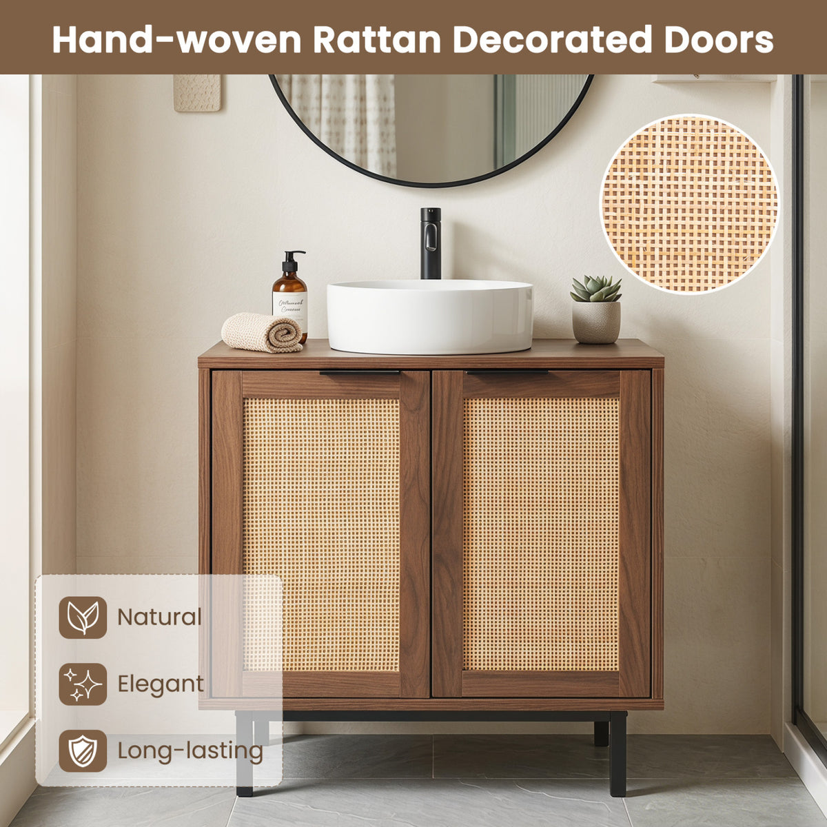 Bathroom Vanity Cabinet with U-Shaped Cut-Out 2 Rattan Doors and Shelf