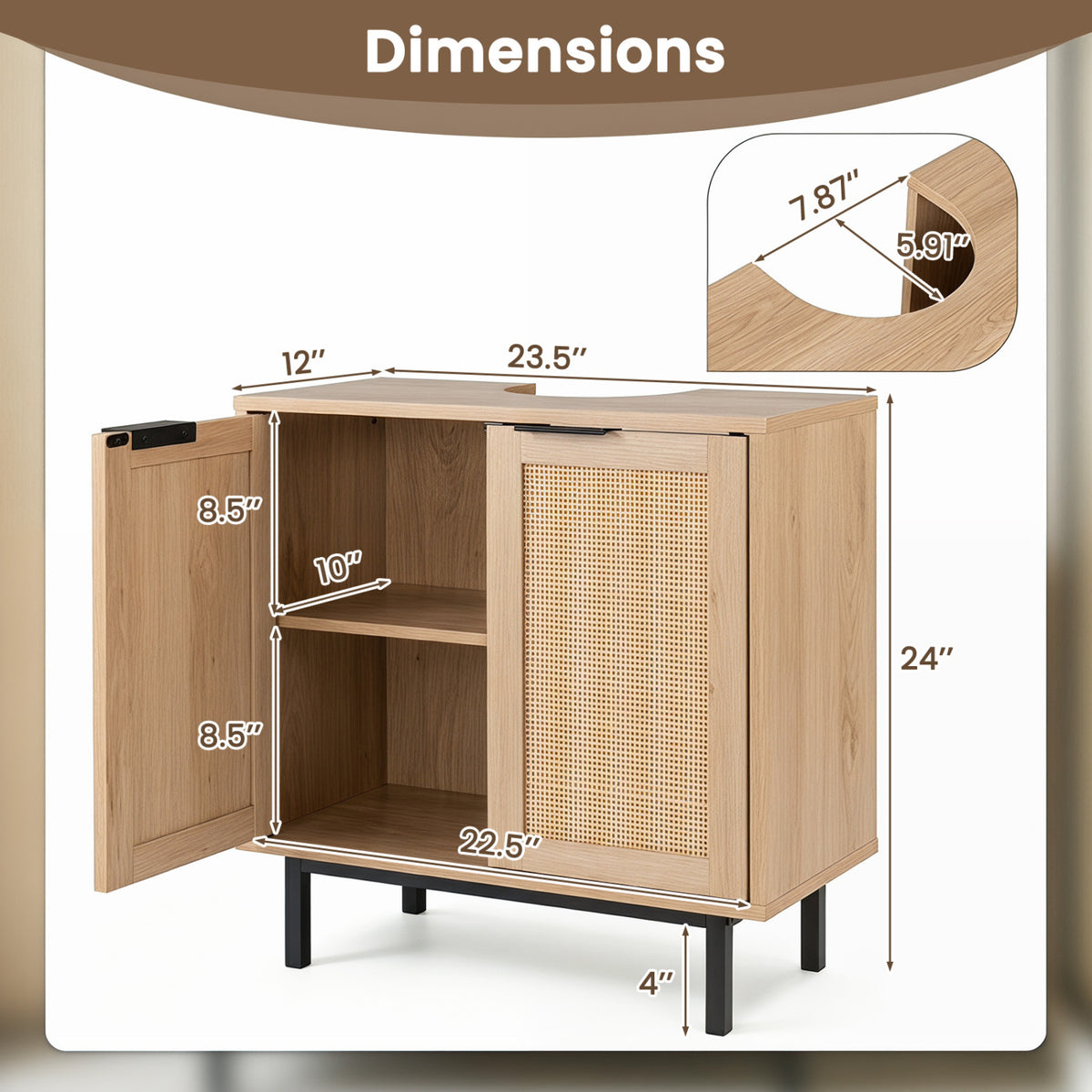 Bathroom Vanity Cabinet with U-Shaped Cut-Out 2 Rattan Doors and Shelf