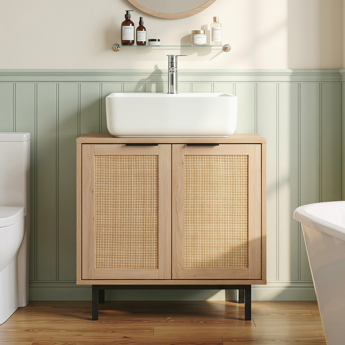 Bathroom Vanity Cabinet with U-Shaped Cut-Out 2 Rattan Doors and Shelf
