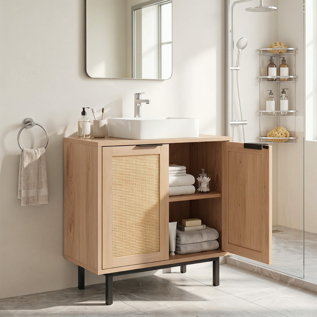 Bathroom Vanity Cabinet with U-Shaped Cut-Out 2 Rattan Doors and Shelf