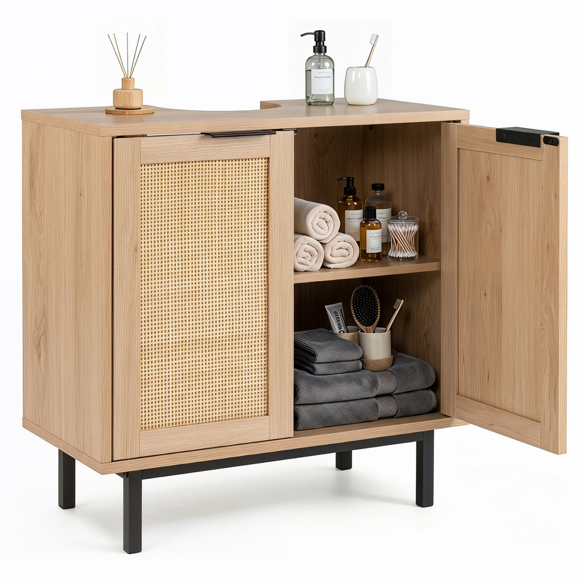 Bathroom Vanity Cabinet with U-Shaped Cut-Out 2 Rattan Doors and Shelf