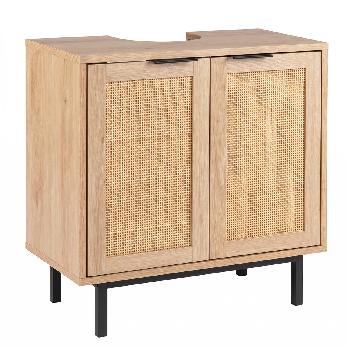 Bathroom Vanity Cabinet with U-Shaped Cut-Out 2 Rattan Doors and Shelf
