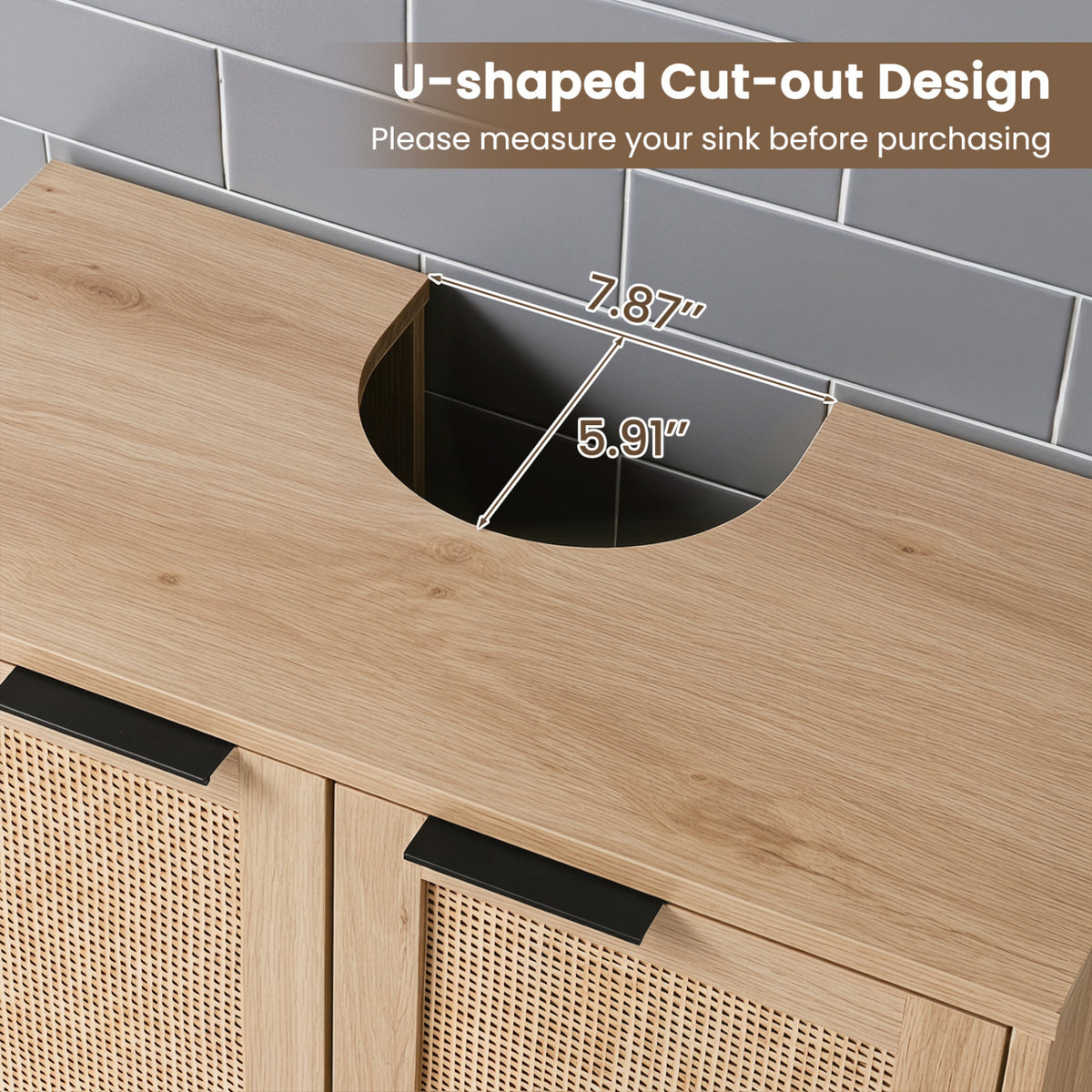 Bathroom Vanity Cabinet with U-Shaped Cut-Out 2 Rattan Doors and Shelf