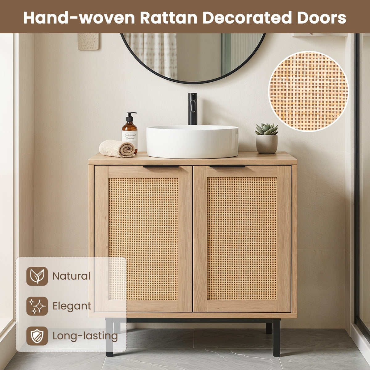 Bathroom Vanity Cabinet with U-Shaped Cut-Out 2 Rattan Doors and Shelf
