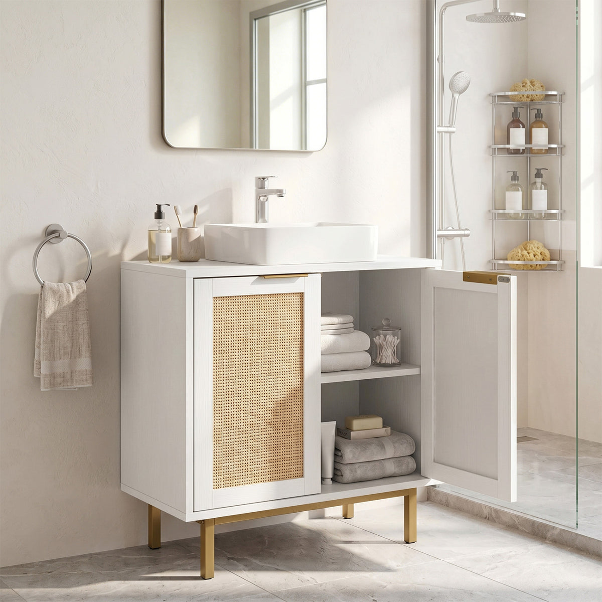 Bathroom Vanity Cabinet with U-Shaped Cut-Out 2 Rattan Doors and Shelf