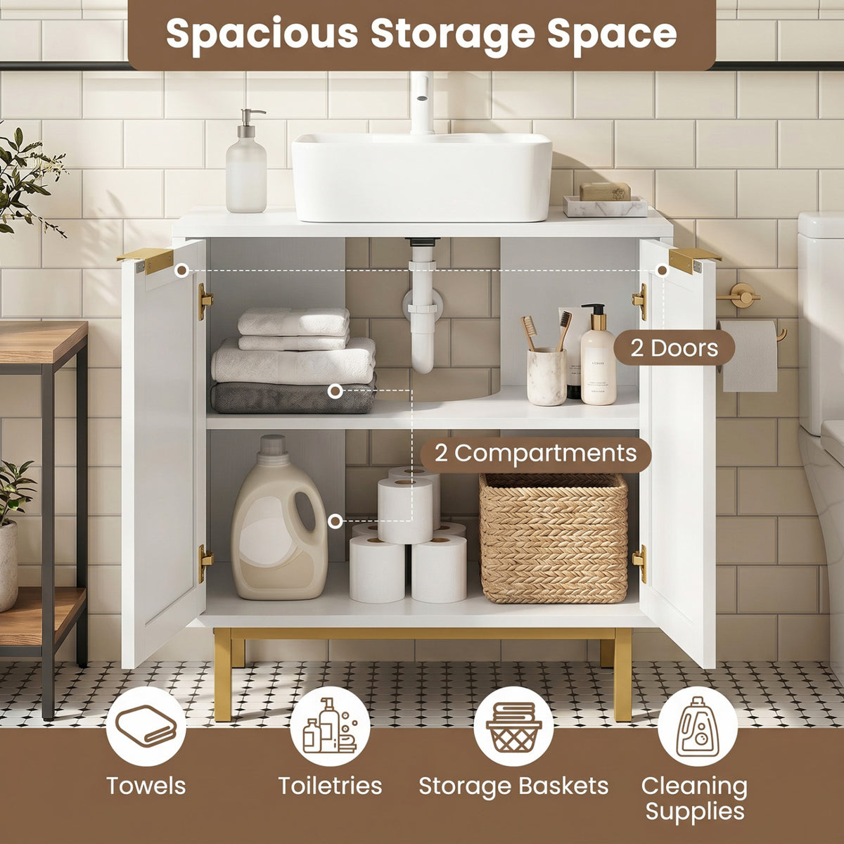 Bathroom Vanity Cabinet with U-Shaped Cut-Out 2 Rattan Doors and Shelf