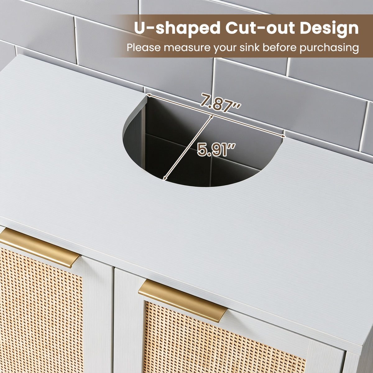 Bathroom Vanity Cabinet with U-Shaped Cut-Out 2 Rattan Doors and Shelf