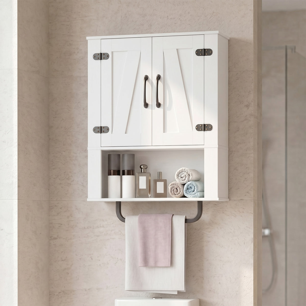 Bathroom Wall Cabinet with 2 Barn Doors and Towel Bar and 3-Tier Wooden Storage