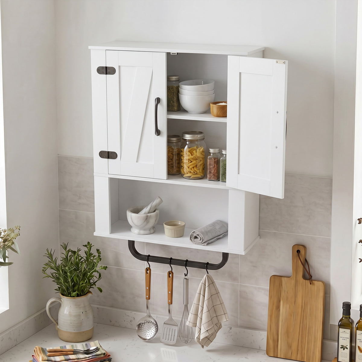 Bathroom Wall Cabinet with 2 Barn Doors and Towel Bar and 3-Tier Wooden Storage