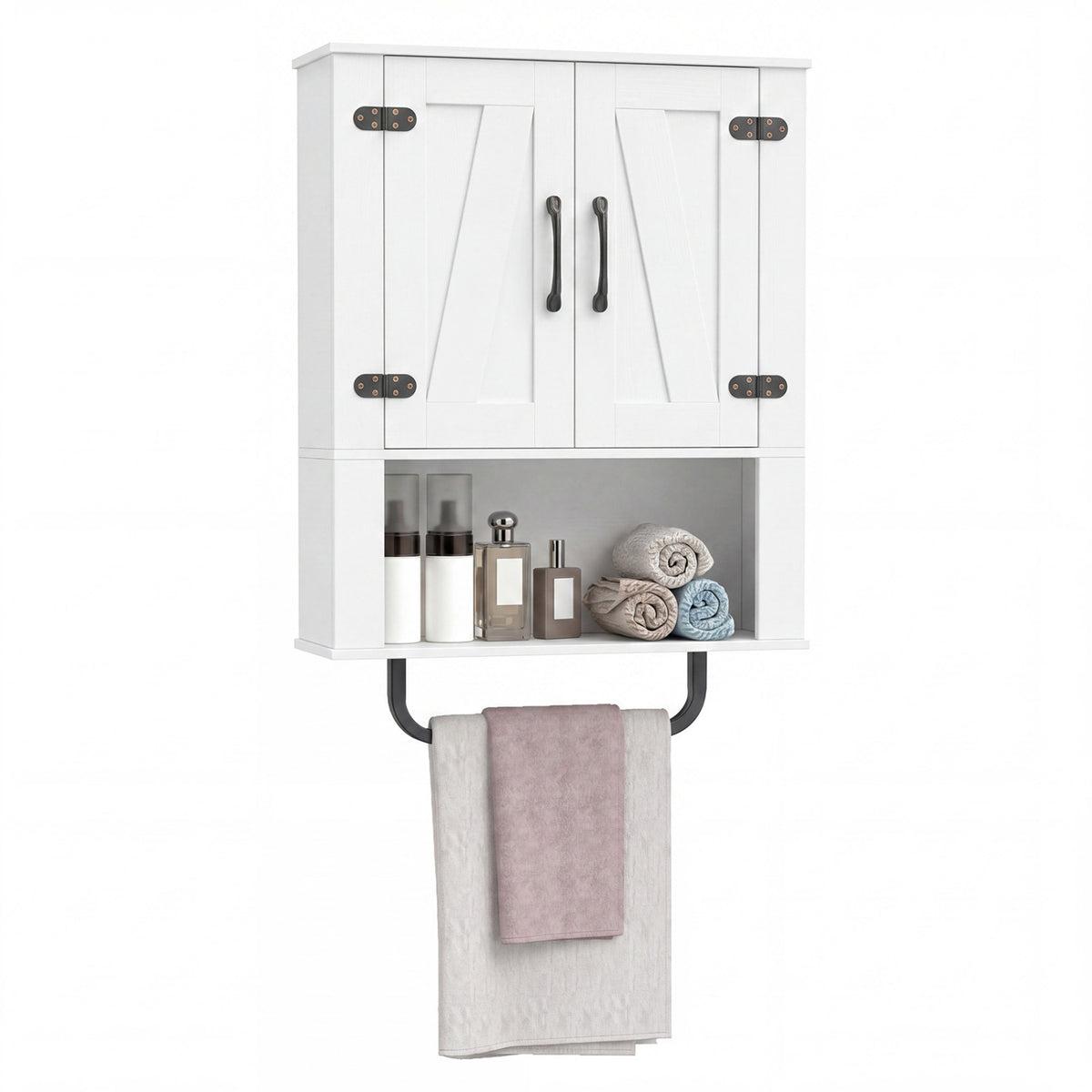 Bathroom Wall Cabinet with 2 Barn Doors and Towel Bar and 3-Tier Wooden Storage