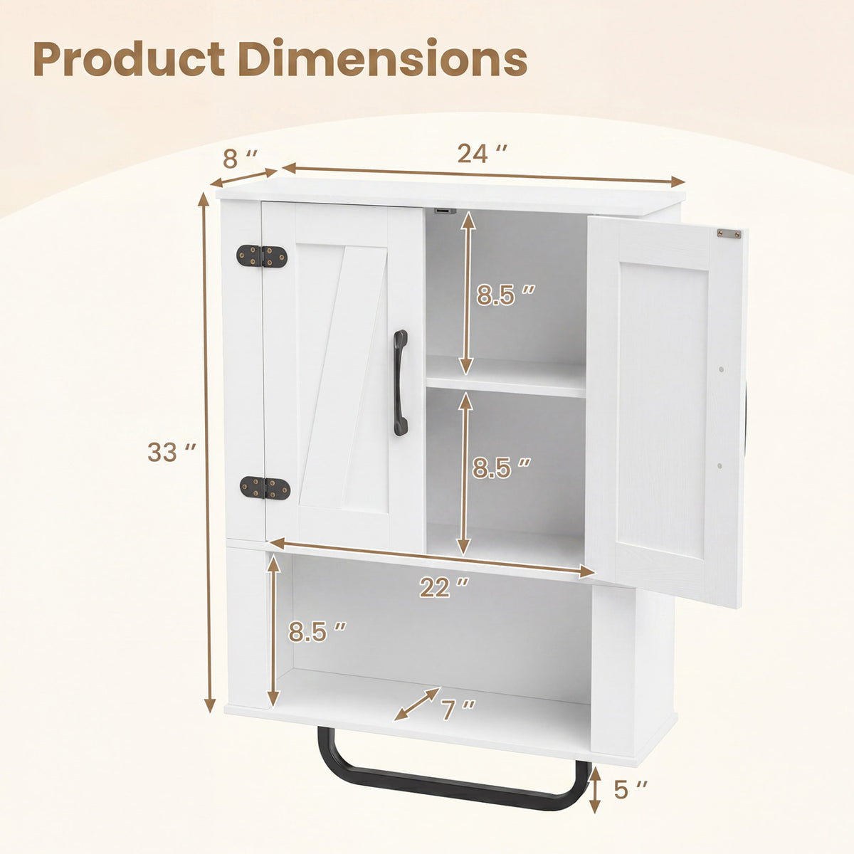 Bathroom Wall Cabinet with 2 Barn Doors and Towel Bar and 3-Tier Wooden Storage