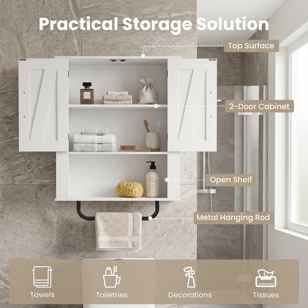 Bathroom Wall Cabinet with 2 Barn Doors and Towel Bar and 3-Tier Wooden Storage