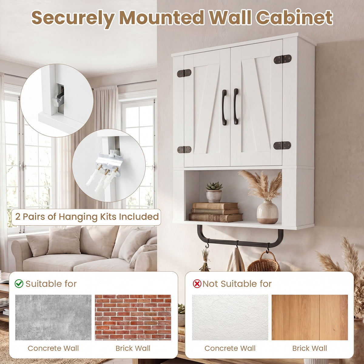 Bathroom Wall Cabinet with 2 Barn Doors and Towel Bar and 3-Tier Wooden Storage