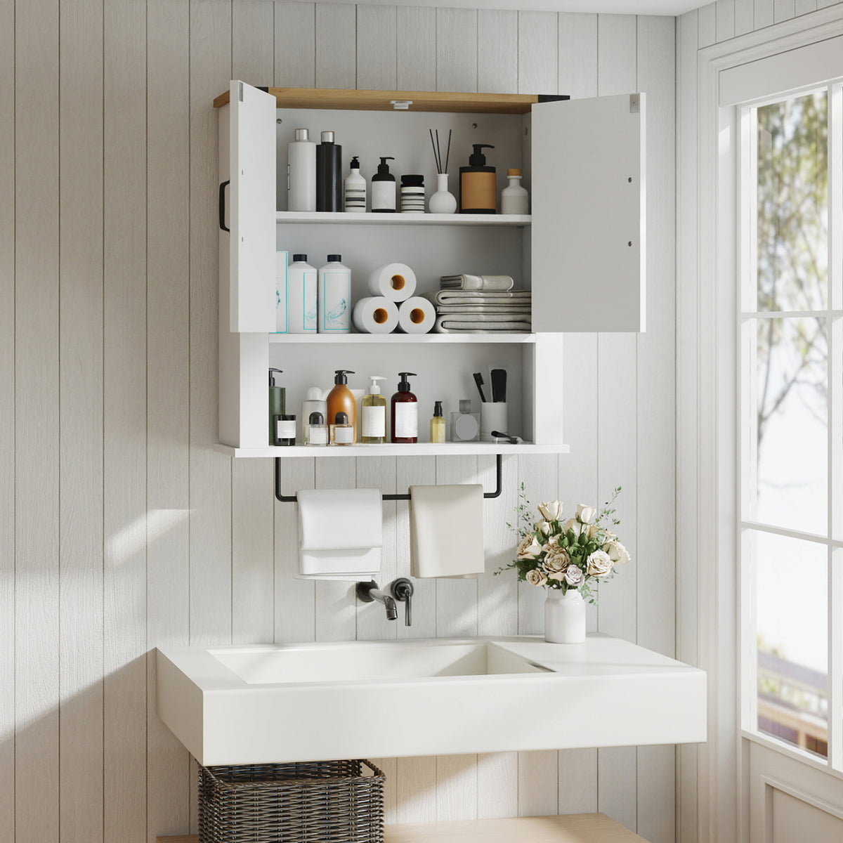 Bathroom Wall Cabinet with Towel Bar Farmhouse Medicine Cabinet-White